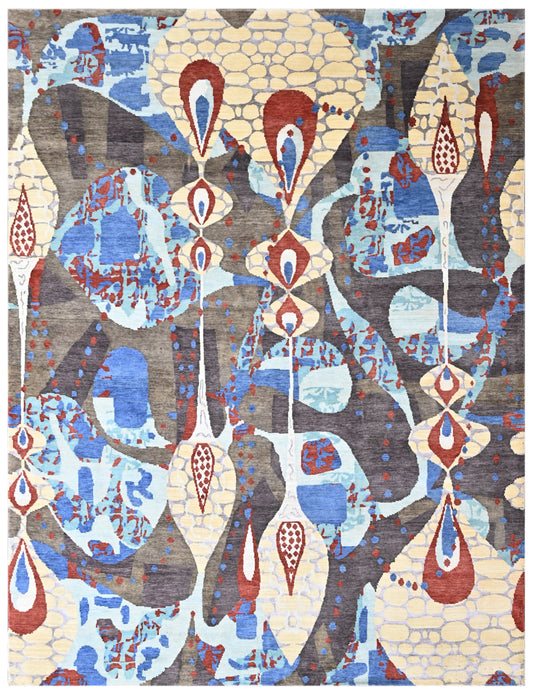 Multi Color Abstract Surrealist Hand Knotted Wool Rug