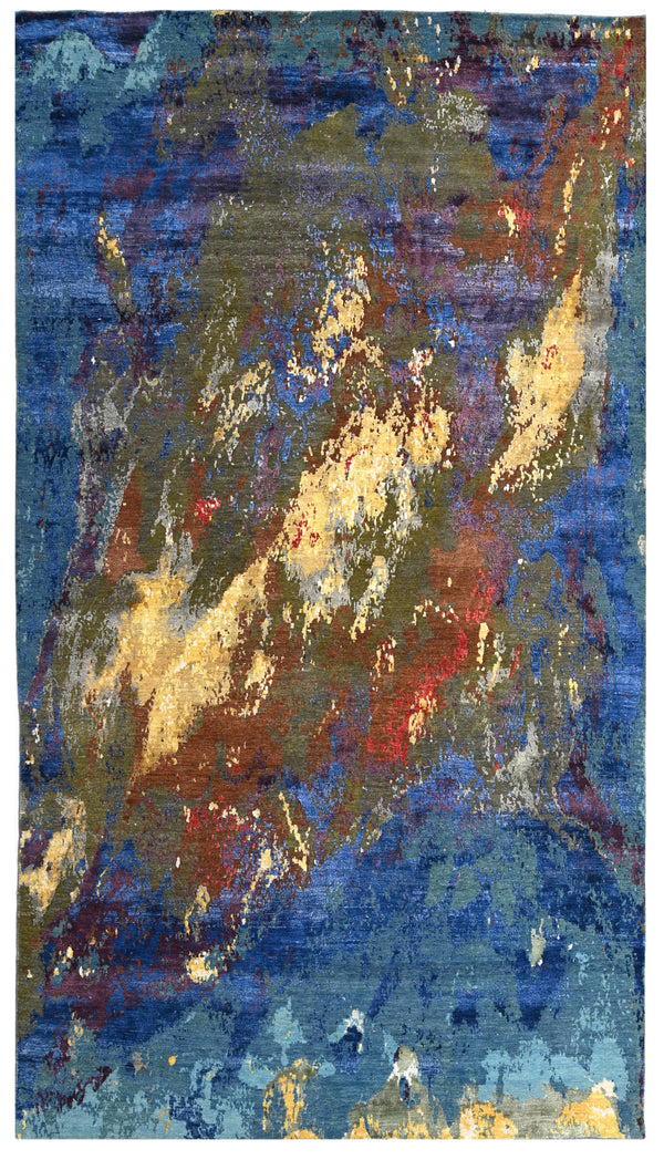 Blue Green Abstract Hand Knotted Bamboo Silk Area Rug