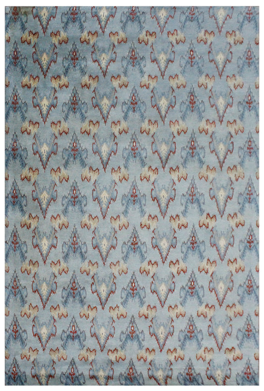 Light Blue Ikat Geometric Hand Tufted Wool Area Rug