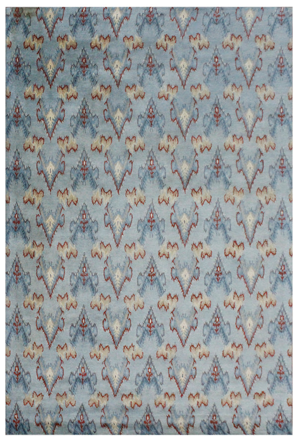 Light Blue Ikat Geometric Hand Tufted Wool Area Rug