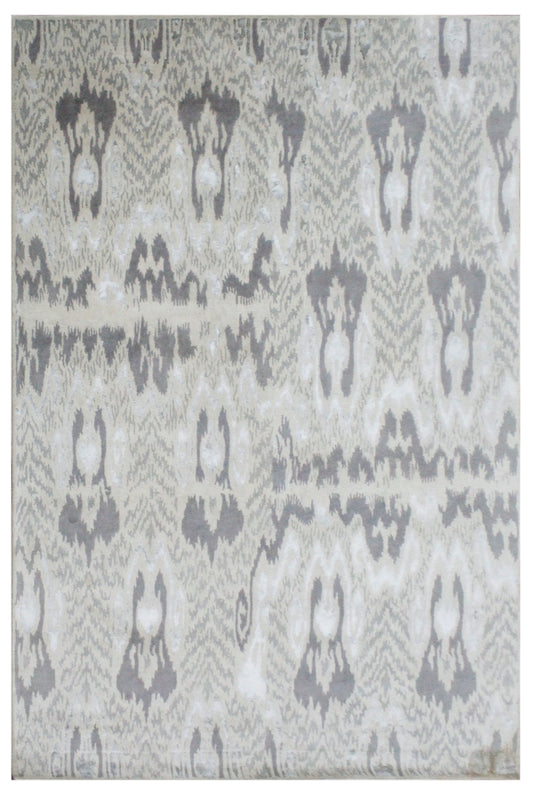 Beige Grey Ikat Geometric Hand Tufted Wool Area Rug