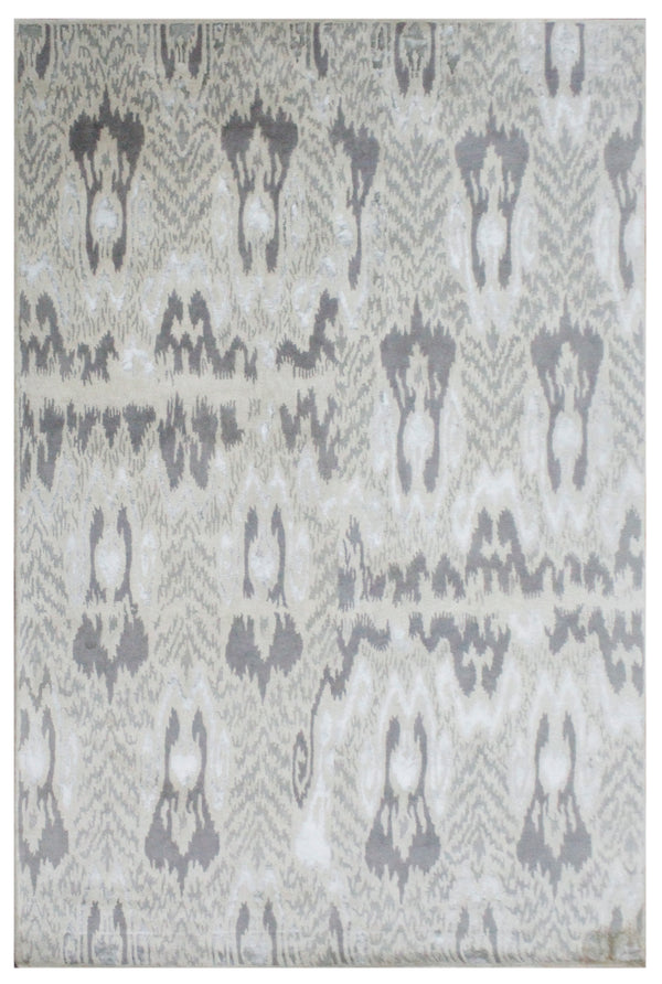 Beige Grey Ikat Geometric Hand Tufted Wool Area Rug
