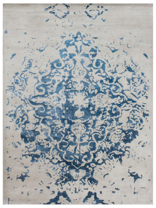 Beige Light Blue Medallion Hand Tufted Wool Area Rug