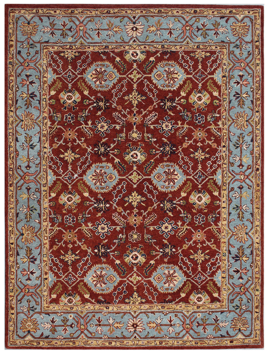 Rust Light Blue Traditional Hand Tufted Wool Area Rug