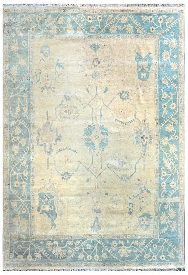 Beige Blue Vintage Hand Knotted Wool Rug