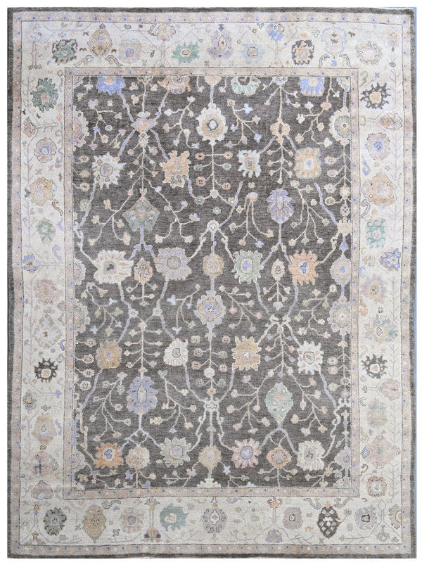 Charcoal Beige Vintage Hand Knotted Wool Rug
