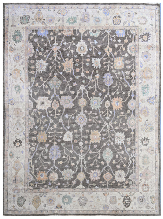 Charcoal Beige Vintage Hand Knotted Wool Rug