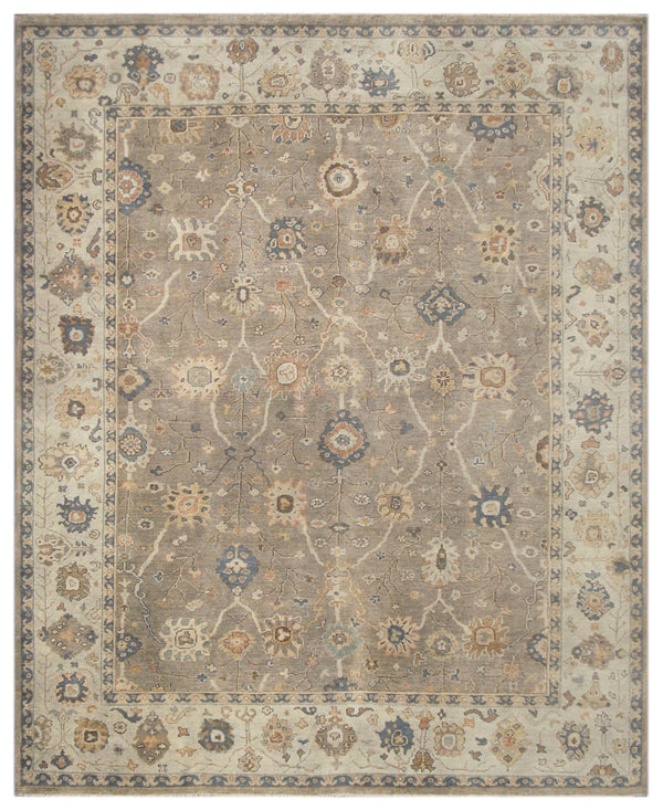 Grey Ivory Hand Knotted Vintage Wool Rug