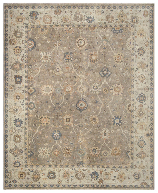 Grey Ivory Hand Knotted Vintage Wool Rug
