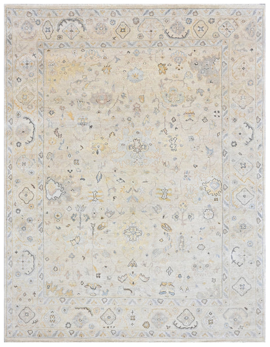 Beige Ivory Hand Knotted Oushak Wool Rug
