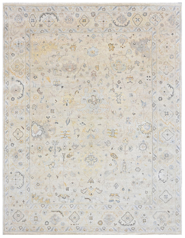 Beige Ivory Hand Knotted Oushak Wool Rug