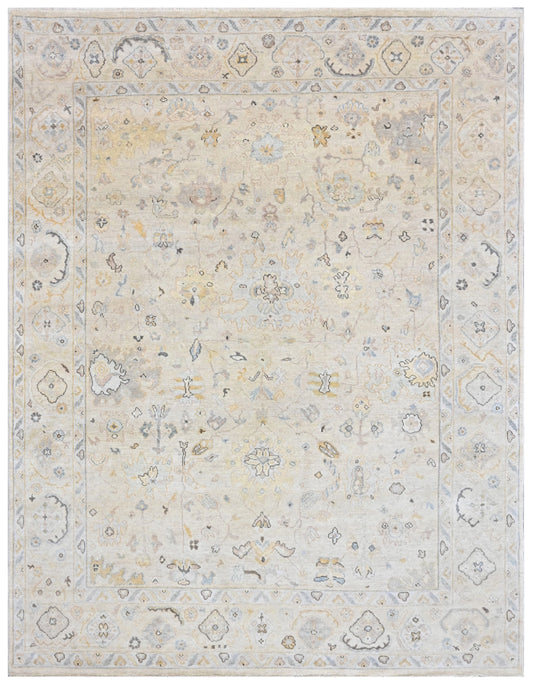 Beige Ivory Hand Knotted Oushak Wool Rug