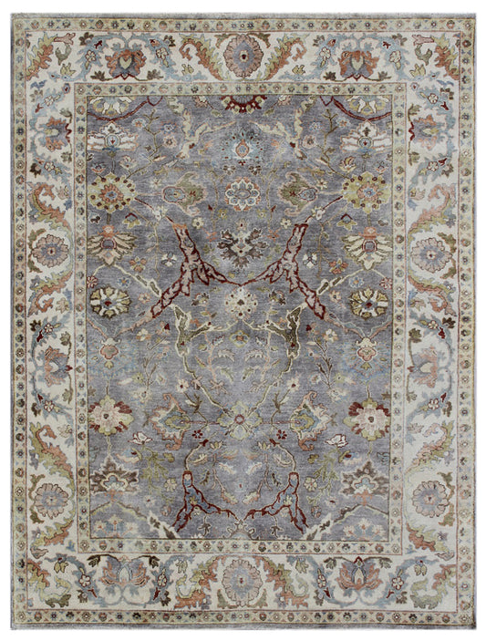 Silver Beige Hand Knotted Floral Wool Rug