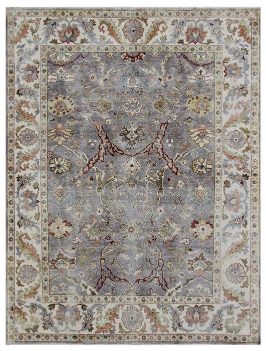 Silver Beige Hand Knotted Floral Wool Rug