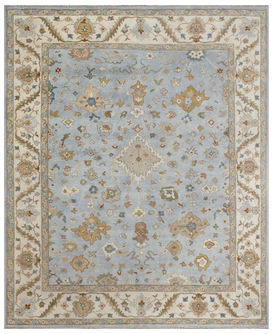 Light Blue Beige Hand Knotted Traditional Wool Carpet