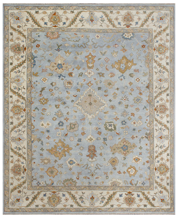Light Blue Beige Hand Knotted Traditional Wool Carpet