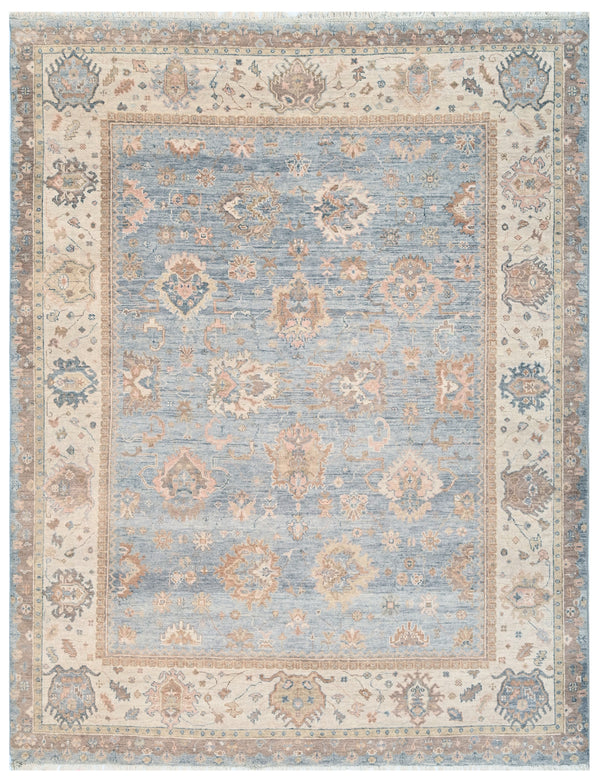 Light Blue Beige Hand Knotted Oushak Rug