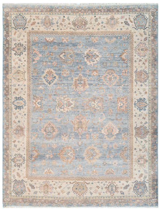 Light Blue Beige Hand Knotted Oushak Rug