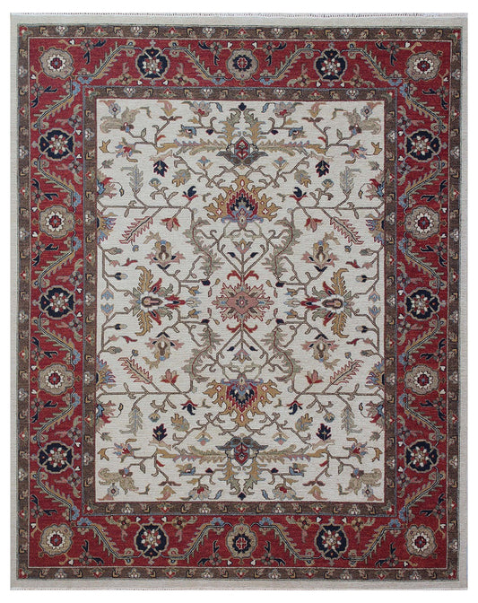 Ivory Red Hand Knotted Traditional Wool Carpet