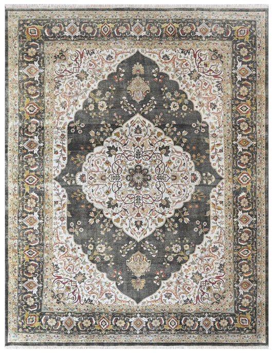 Brown Charcoal Traditional Medallion Hand Knotted Wool Rug