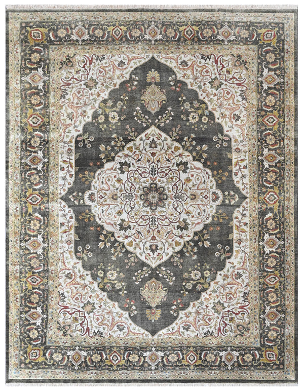 Brown Charcoal Traditional Medallion Hand Knotted Wool Rug