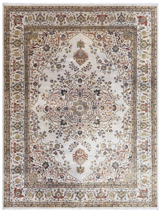 Ivory Cream Traditional Medallion Hand Knotted Wool Rug