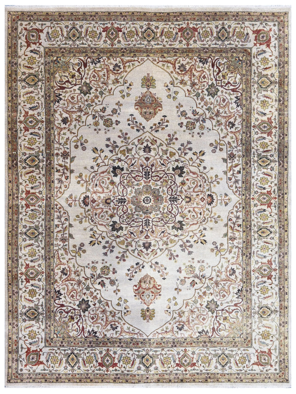 Ivory Cream Traditional Medallion Hand Knotted Wool Rug