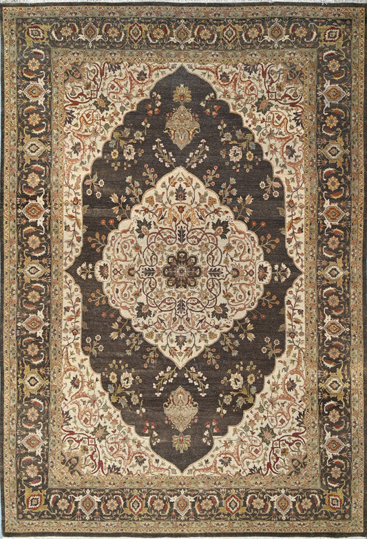 Ivory Brown Traditional Medallion Hand Knotted Wool Rug