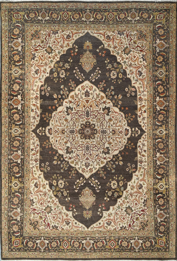 Ivory Brown Traditional Medallion Hand Knotted Wool Rug