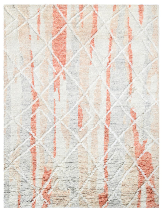 Rust Salmon Abstract Shag Diamond Hand Knotted Carpet