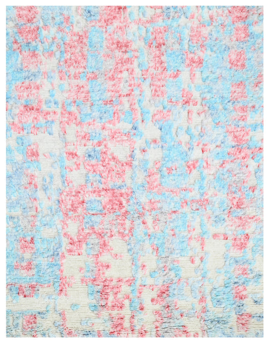 Pink Blue Abstract Shag Multi-Textured Hand Knotted Rug