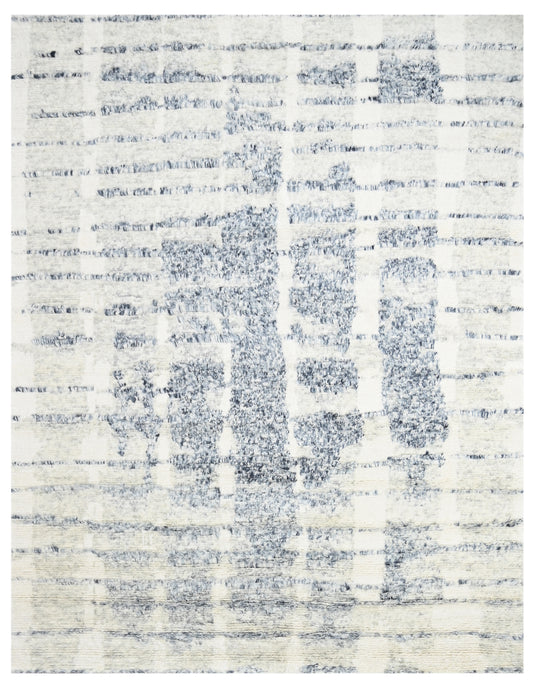 White Black Abstract Grid Shag Hand Knotted Wool Rug