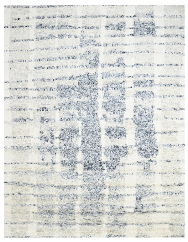 White Black Abstract Grid Shag Hand Knotted Wool Rug